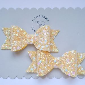 NEW Faux Leather Pigtail Bow Set - Yellow Chunky Glitter